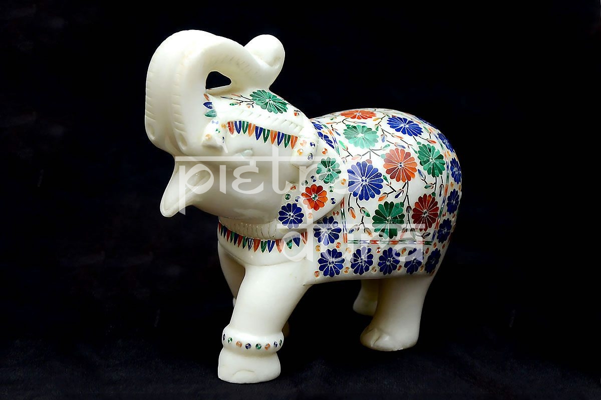 Elephant 9.5 " Noir Marbre Éléphant Sculpture Mosaic Incrusté Pietradure Home Décor H2531 