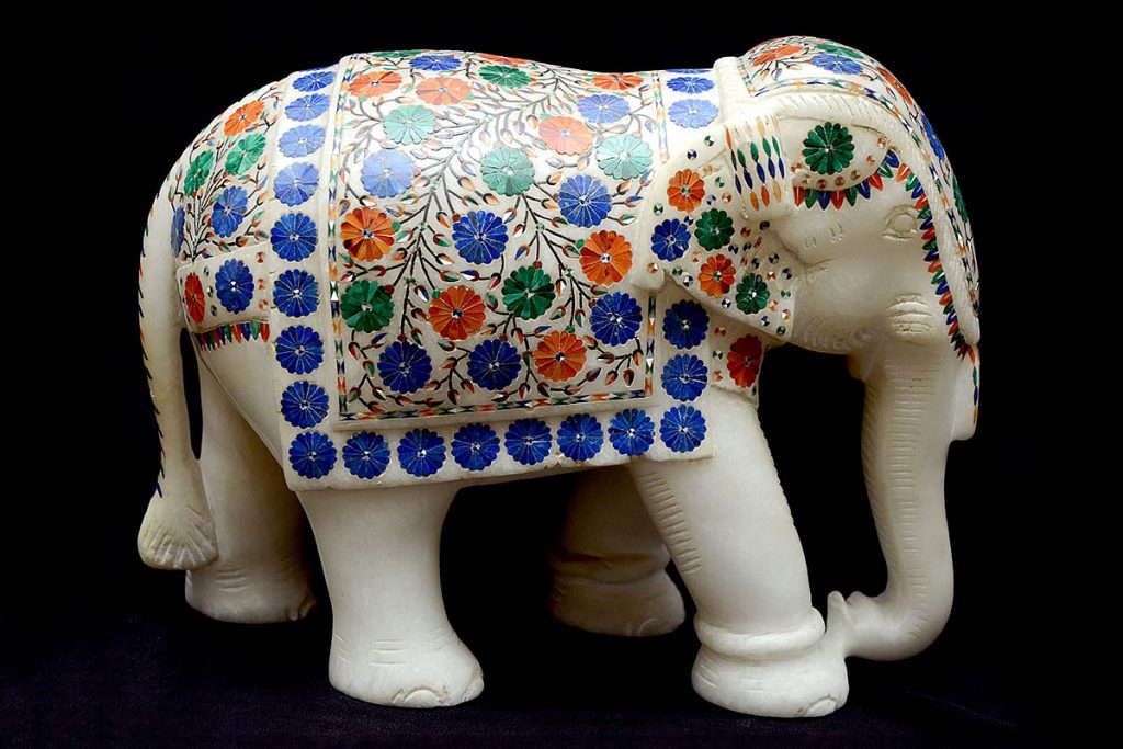 White Marble 8 Inch Elephant Statue Pietra Dura Products