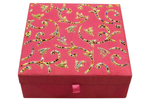 8 x 8 x 3 inch Pink Embroidered Floral Zari Box