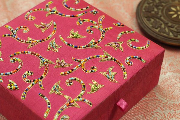 8 x 8 x 3 inch Pink Embroidered Floral Zari Box