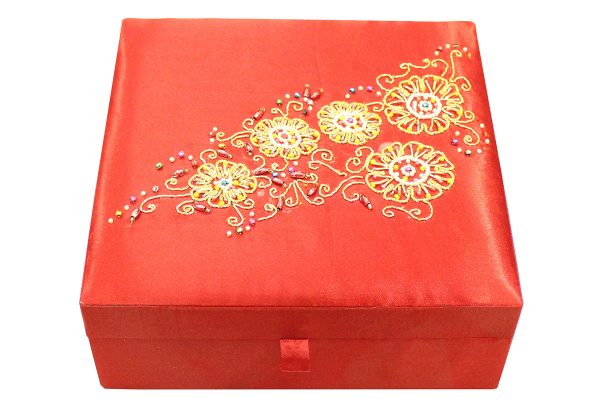 8 x 8 x 3 inch Red Embroidered Floral Zari Box