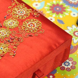 8 x 8 x 3 inch Red Embroidered Floral Zari Box