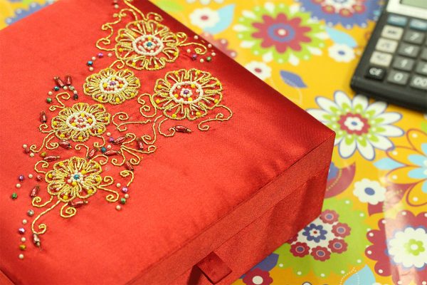 8 x 8 x 3 inch Red Embroidered Floral Zari Box