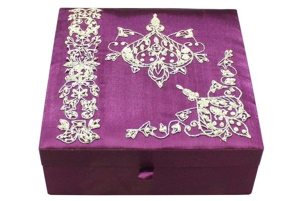 8 x 8 x 3 inch Purple Embroidered Floral Zari Box