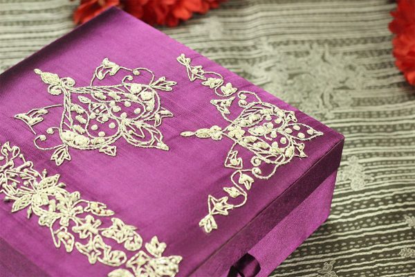 8 x 8 x 3 inch Purple Embroidered Floral Zari Box