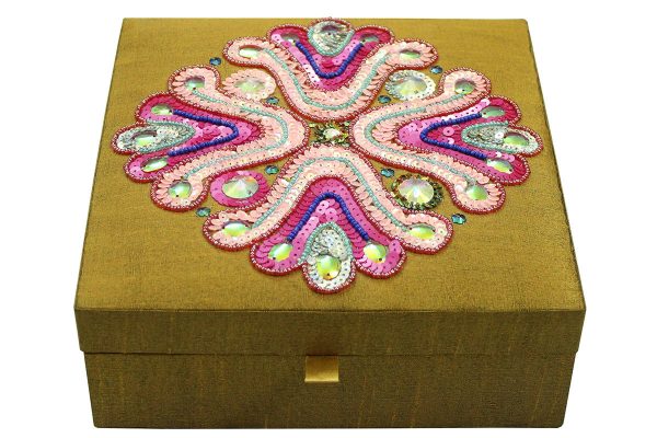 8 x 8 x 3 inch Gold Embroidered Floral Zari Box