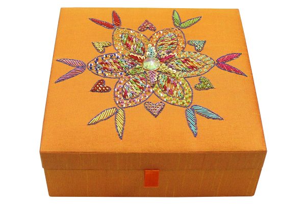 8 x 8 x 3 inch Orange Embroidered Floral Zari Box