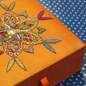 8 x 8 x 3 inch Orange Embroidered Floral Zari Box