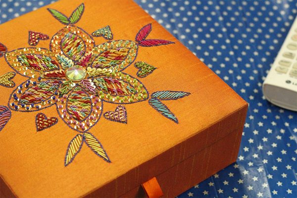 8 x 8 x 3 inch Orange Embroidered Floral Zari Box