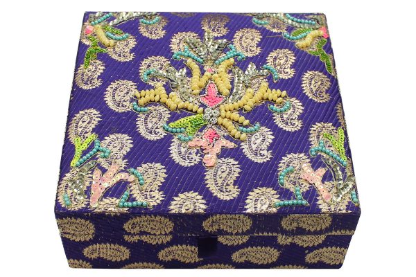 8 x 8 x 3 inch Blue Embroidered Floral Zari Box