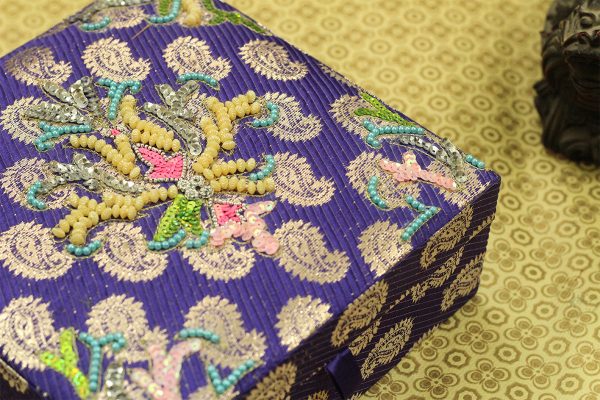 8 x 8 x 3 inch Blue Embroidered Floral Zari Box