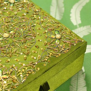 8 x 8 x 3 inch Green Embroidered Floral Zari Box