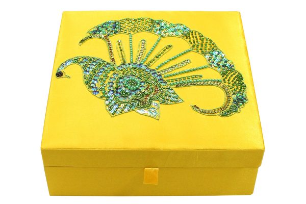 8 x 8 x 3 inch Yellow Embroidered Animal Zari Box