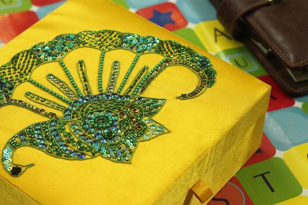 8 x 8 x 3 inch Yellow Embroidered Animal Zari Box