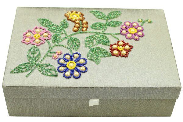 10 x 7 x 3 inch Silver Embroidered Floral Zari Box