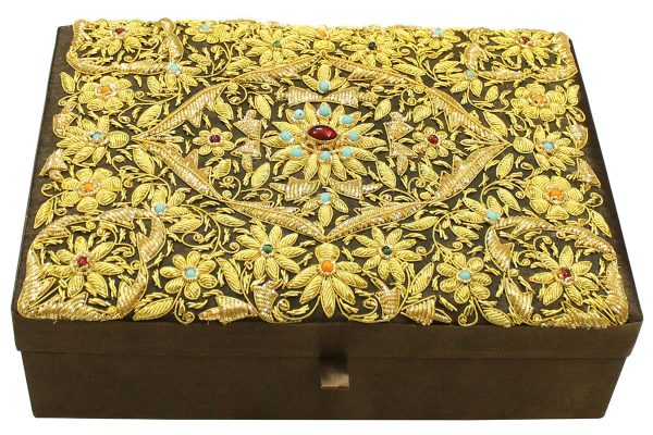 10 x 7 x 3 inch Brown Embroidered Floral Zari Box