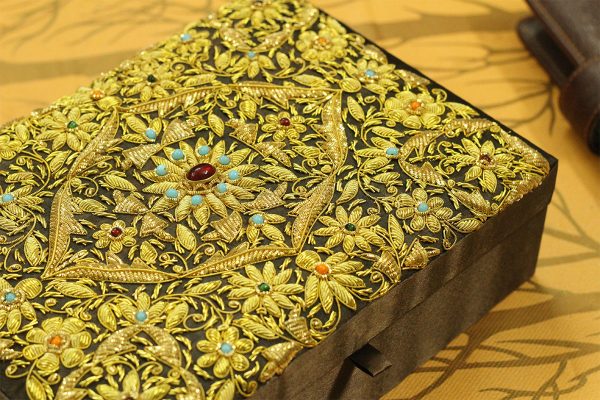 10 x 7 x 3 inch Brown Embroidered Floral Zari Box