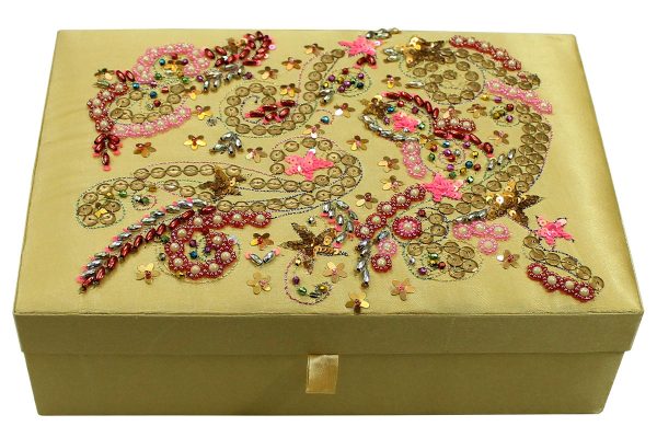 10 x 7 x 3 inch Gold Embroidered Floral Zari Box