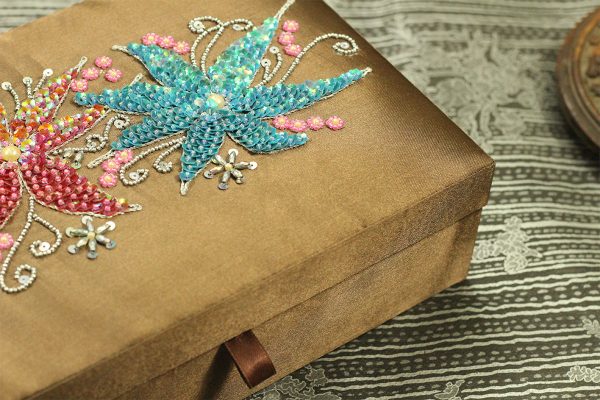 10 x 7 x 3 inch Brown Embroidered Floral Zari Box