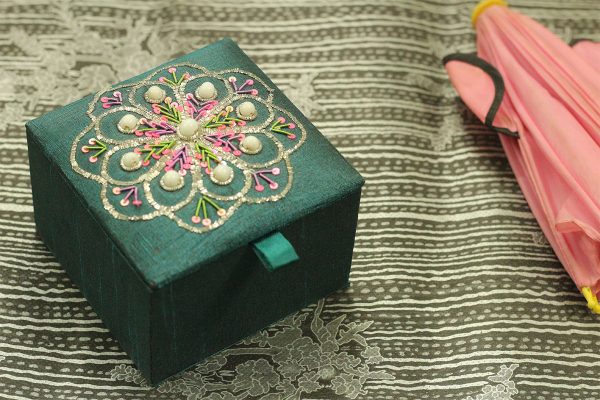 4 x 4 x 2.5 inch Green Embroidered Geometric Zari Box