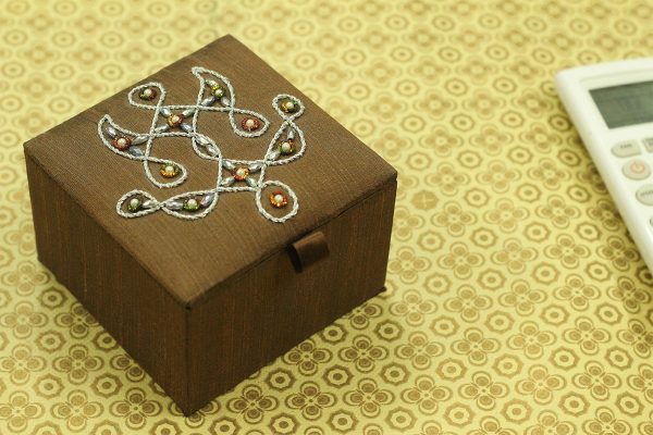 4 x 4 x 2.5 inch Brown Embroidered Floral Zari Box