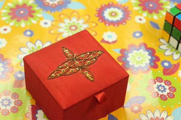 4 x 4 x 2.5 inch Red Embroidered Floral Zari Box