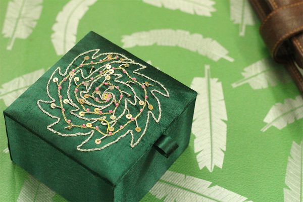 4 x 4 x 2.5 inch Green Embroidered Floral Zari Box