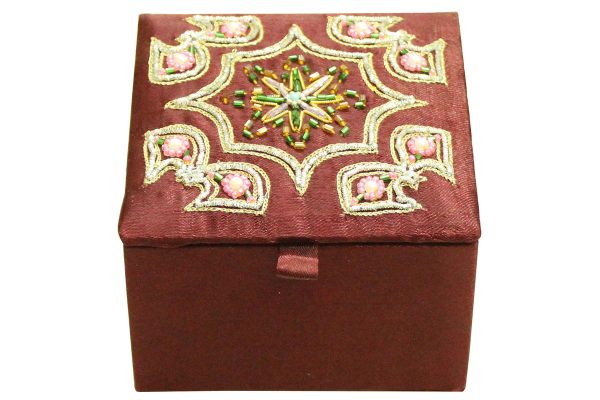 4 x 4 x 2.5 inch Brown Embroidered Floral Zari Box