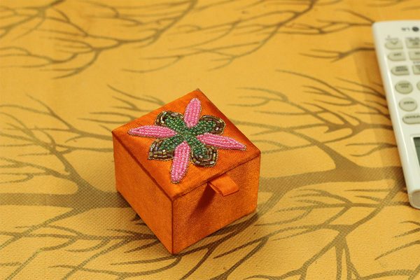 2.5 x 2.5 x 2 inch Orange Embroidered Floral Zari Box