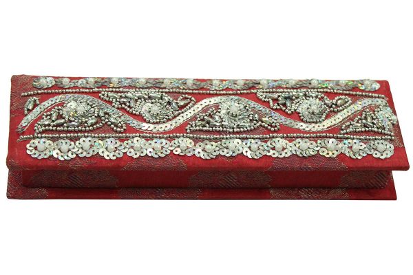 8 x 2.5 x 1 inch Maroon Embroidered Geometric Zari Box