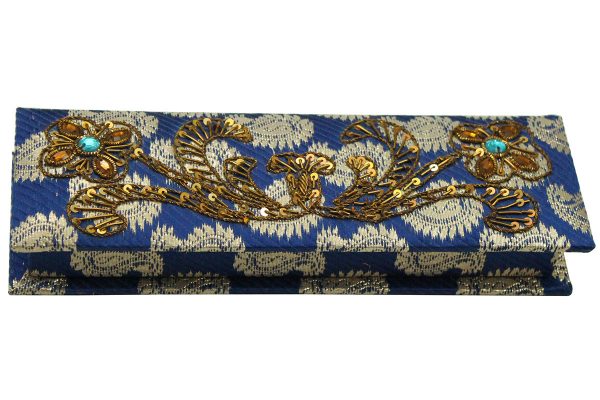 8 x 2.5 x 1 inch Blue Embroidered Floral Zari Box