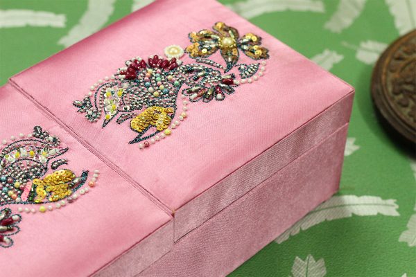 12 x 6 x 3 inch Pink Embroidered Floral Zari Box