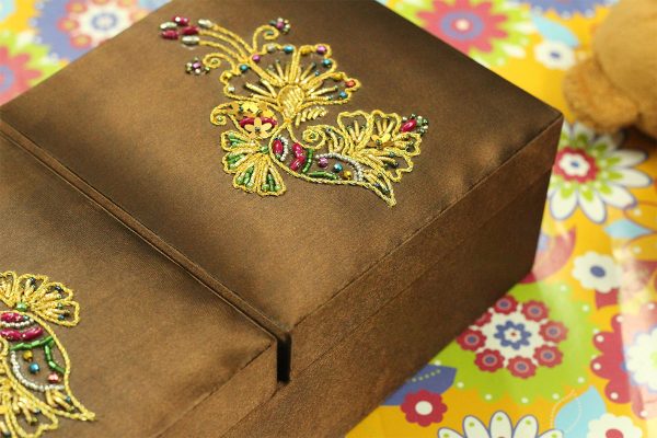 12 x 6 x 3 inch Brown Embroidered Floral Zari Box