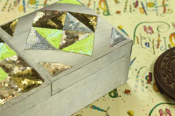 12 x 6 x 3 inch Silver Embroidered Geometric Zari Box