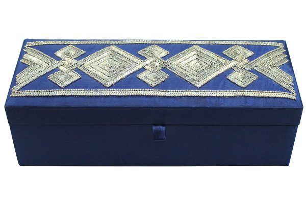 12 x 4.5 x 4 inch Blue Embroidered Geometric Zari Box