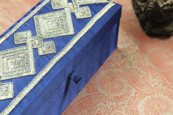 12 x 4.5 x 4 inch Blue Embroidered Geometric Zari Box