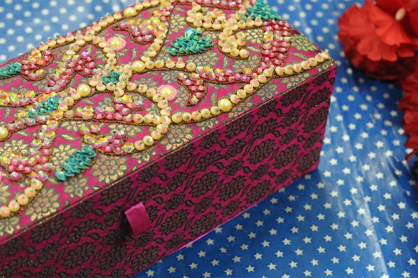 12 x 4.5 x 4 inch Pink Embroidered Floral Zari Box