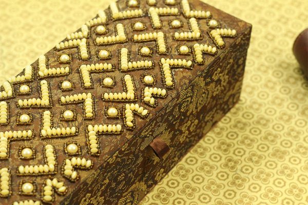 12 x 4.5 x 4 inch Brown Embroidered Geometric Zari Box