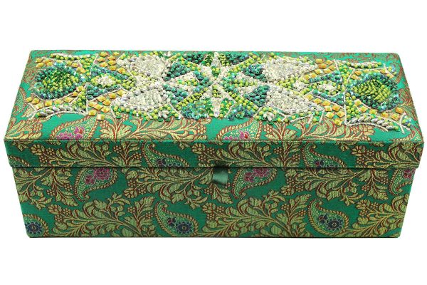 12 x 4.5 x 3.5 inch Green Embroidered Floral Zari Box