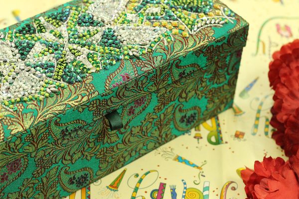 12 x 4.5 x 3.5 inch Green Embroidered Floral Zari Box