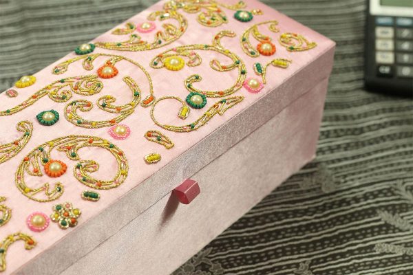 12 x 4.5 x 3.5 inch Pink Embroidered Floral Zari Box