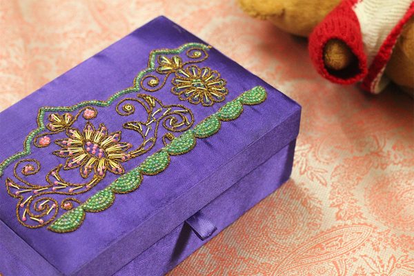 7.5 x 5 x 2.5 inch Blue Embroidered Floral Zari Box