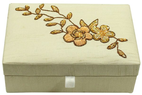 7.5 x 5 x 2.5 inch White Embroidered Floral Zari Box