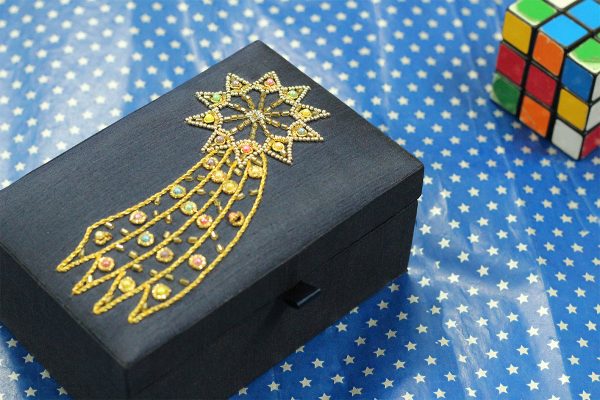 6 x 4 x 3 inch Blue Embroidered Floral Zari Box