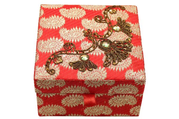 5 x 5 x 3 inch Red Embroidered Floral Zari Box