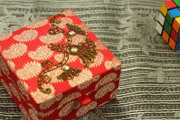 5 x 5 x 3 inch Red Embroidered Floral Zari Box