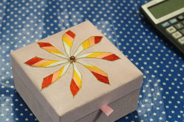 5 x 5 x 3 inch Pink Embroidered Floral Zari Box