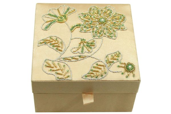 5 x 5 x 3 inch Cream Embroidered Floral Zari Box