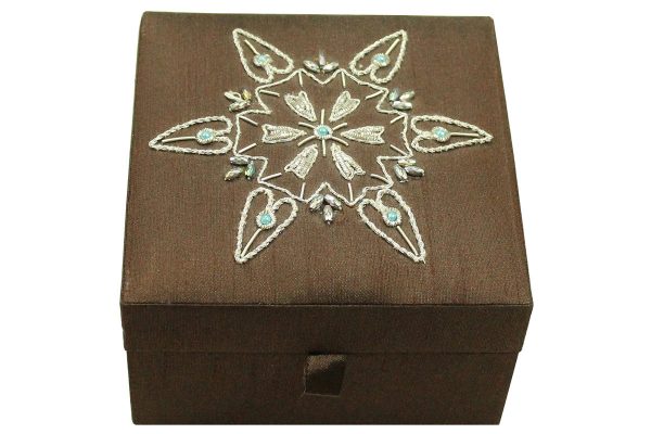 5 x 5 x 3 inch Brown Embroidered Floral Zari Box