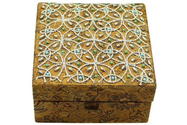 5 x 5 x 2.5 inch Gold Embroidered Floral Zari Box